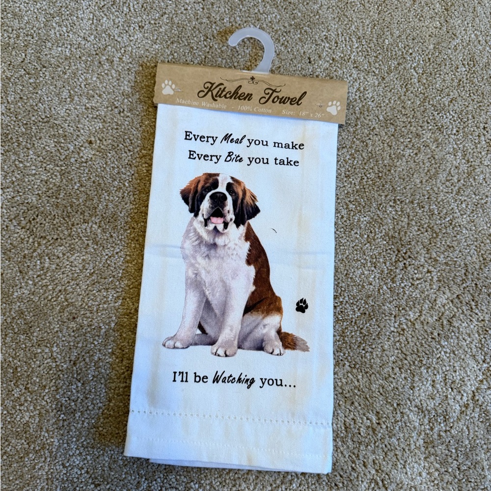 St. Bernard Print Kitchen Towel - White